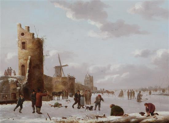 Mid 19th century Dutch School Skaters in a winter landscape 13 x 18in.